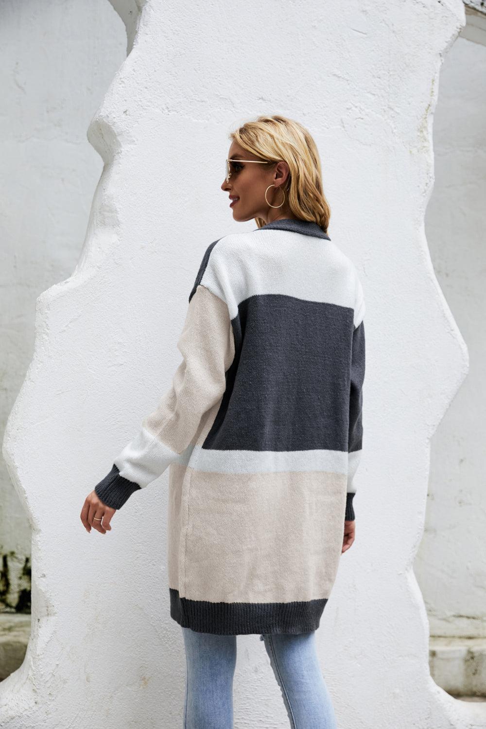 Farbblock-Cardigan mit geripptem Saum und offener Vorderseite