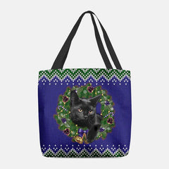 Damen Filz Cartoon Festliche klassische Farbe Weihnachtskranz Katzenmuster Schultertasche Handtasche Tote 