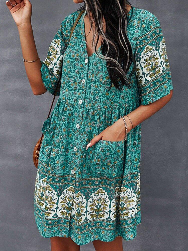 Bohemia Floral Ethnic V-neck Button Short Sleeve Print Dress