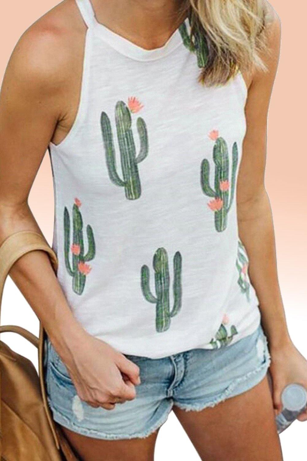 Crew Neck Cactus Print Tank Top