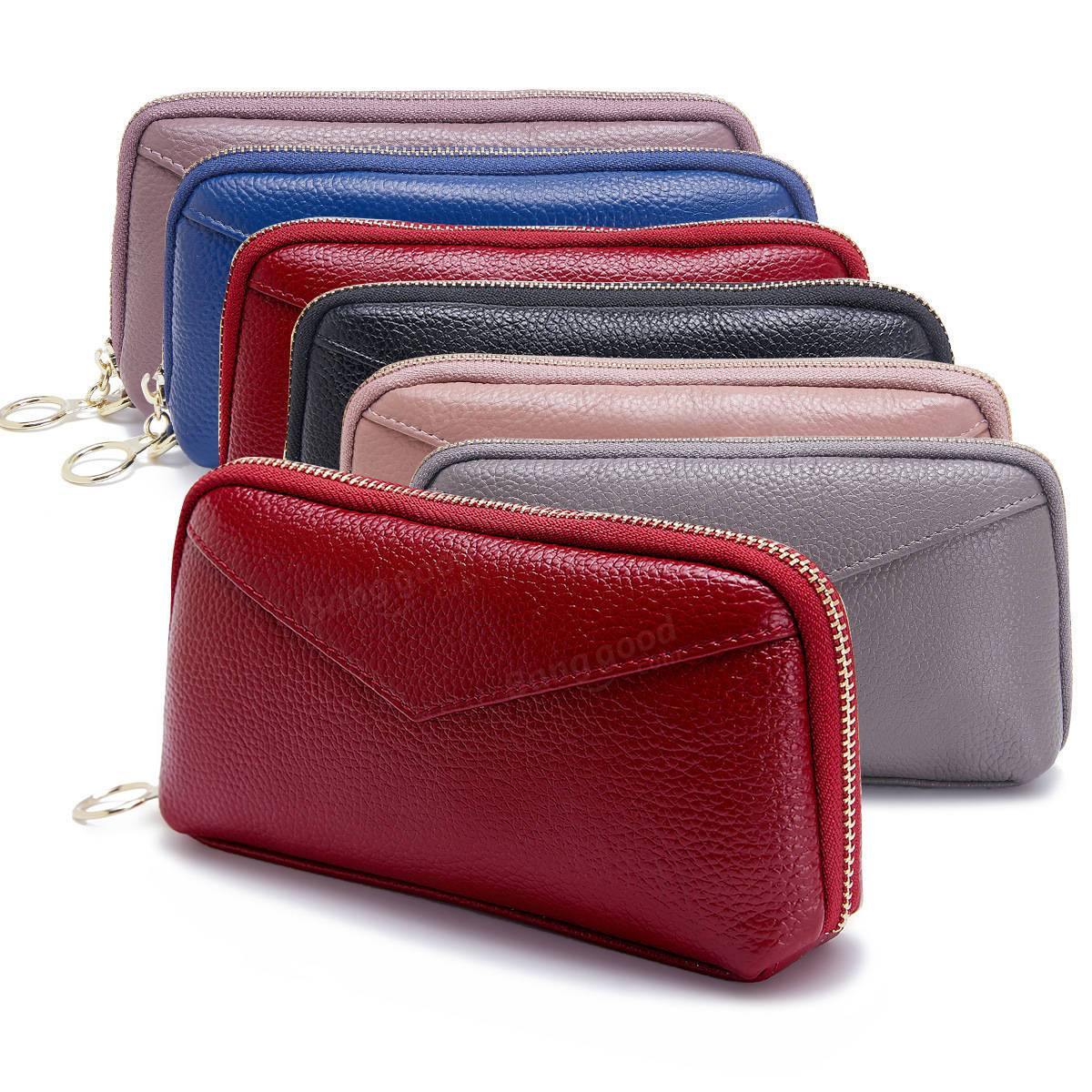 Bolso de mano de cuero genuino para mujer Cartera larga con cremallera Monedero de dos pliegues 