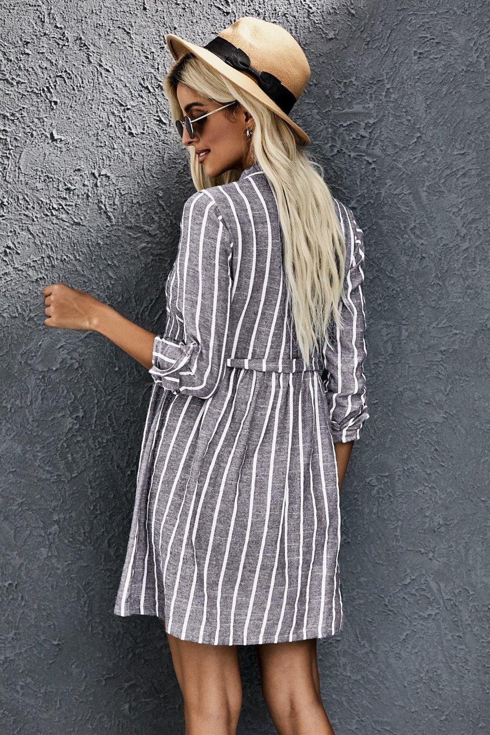 Contrast Striped Buttoned Shirt Dress