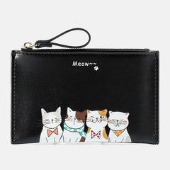 Women Faux Leather Cute Cartoon Cats Printing Ultra-thin Card Case Coin Bag Wallet