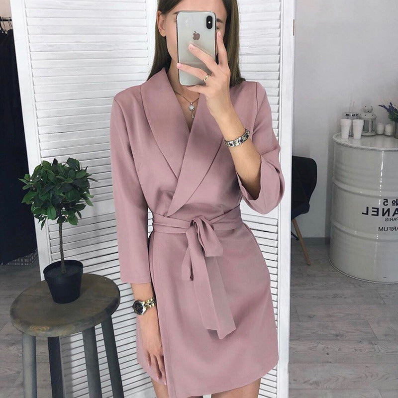 Women's solid color suit collar belt temperament short dress