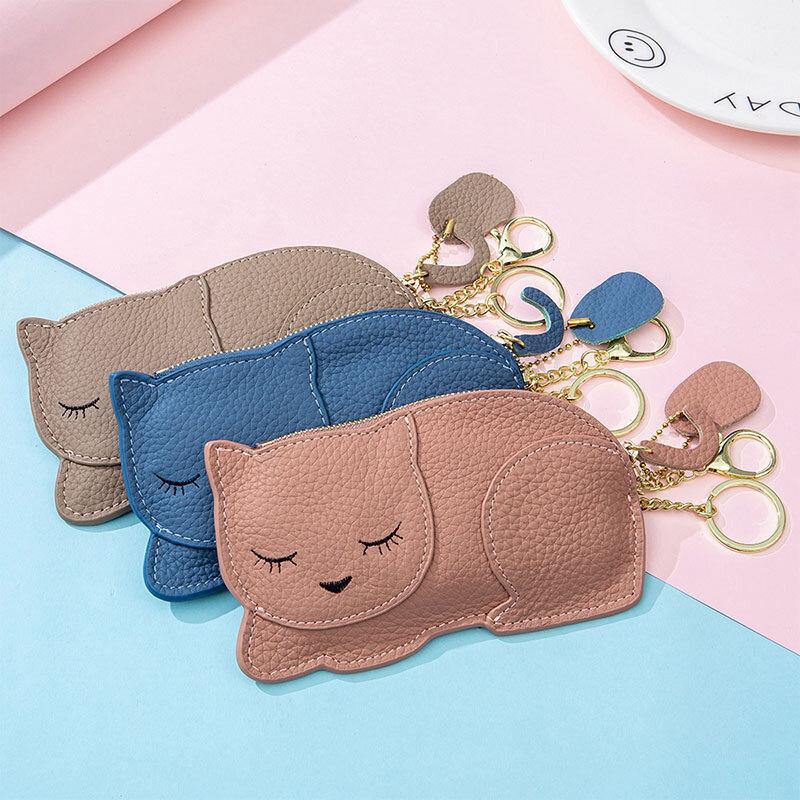 Frauen Echtes Leder Casual Niedlichen Tier Nickerchen Katze Muster Mini Schlüsselbund Münze Tasche Lagerung Tasche 