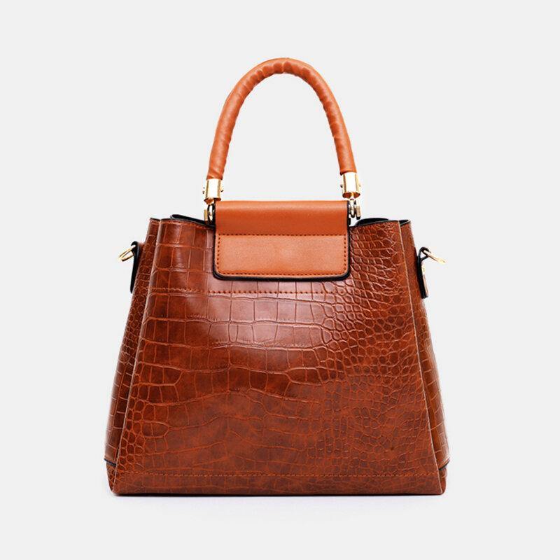 Women 4PCS Casual Handbag Solid Crocodile Pattern Fluffy Ball Shoulder Bag