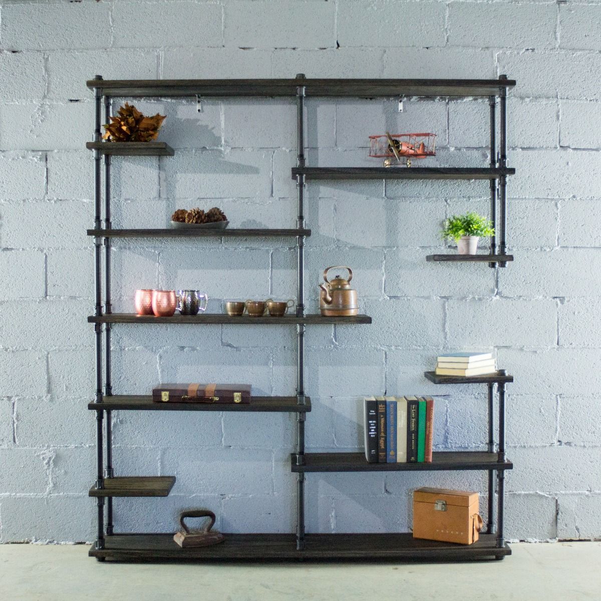 Open Eleven Shelf Industrial Pipe Bookcase