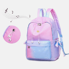 Women Oxford Color Gradient Earphone Hole BowKnot Casual Studeng Bag Backpack