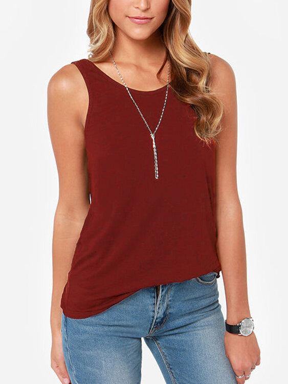 Backless Round Neck Sleeveless Solid Color Tank Tops