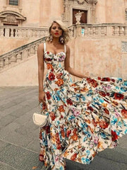 Women's Swing Dress Maxi long Dress Sleeveless Floral Print Fall Elegant Casual Rainbow S M L XL