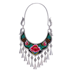 Ethnic Style Exaggerated Miao Silver Embroidery Collar Retro Bell Long Necklace