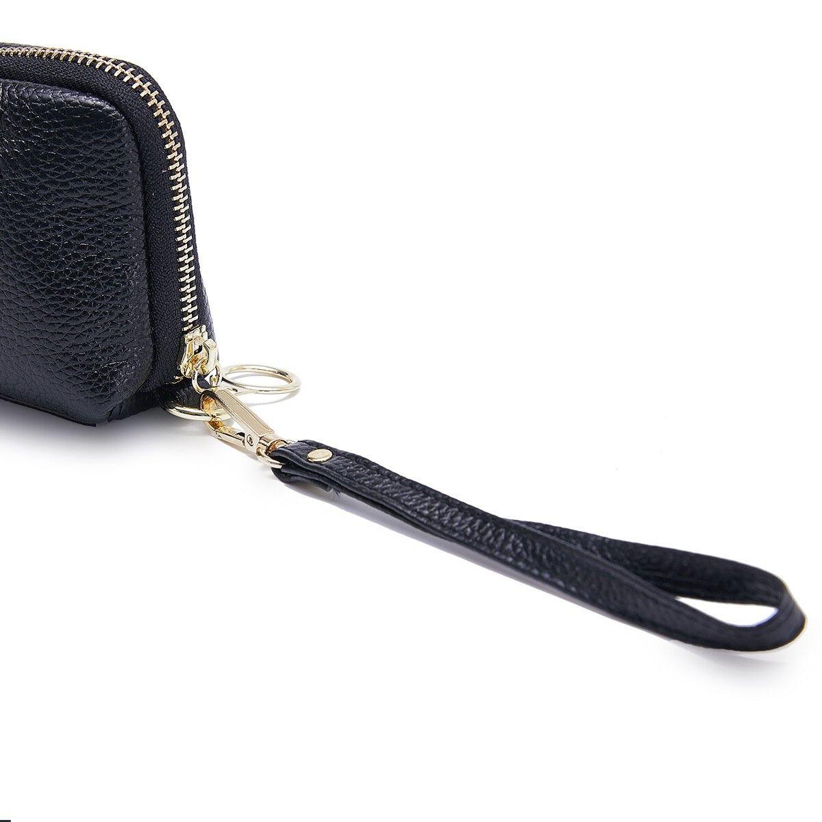 Bolso de mano de cuero genuino para mujer Cartera larga con cremallera Monedero de dos pliegues 