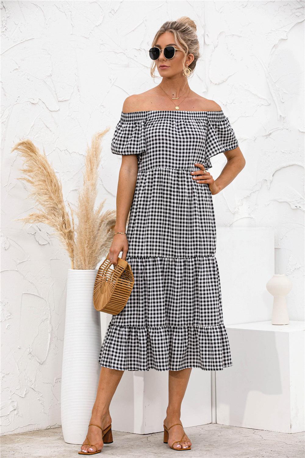 Plaid Off Shoulder Tiered Dress