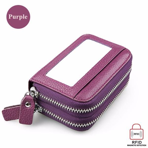 Genuine Leather RFID Double Zipper 11 Card Holder Coin Bag