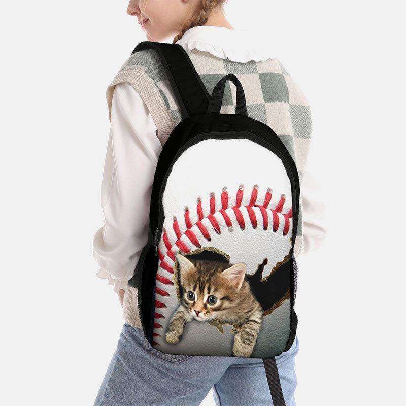 Unisex-Dacron-Rucksack mit großem Fassungsvermögen, Katze und Hund im Baseball-Fußball-Muster, bedruckt, Schultasche 