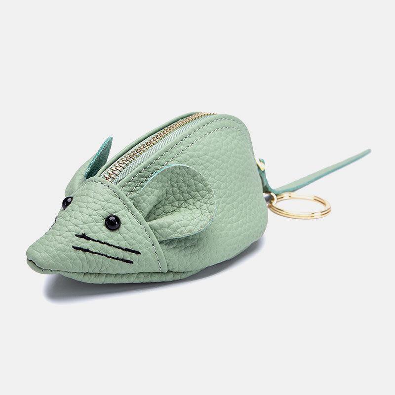 Women Genuine Leather Casual Cute Animal Mouse Pattern Mini Keychain Coin Bag Storage Bag