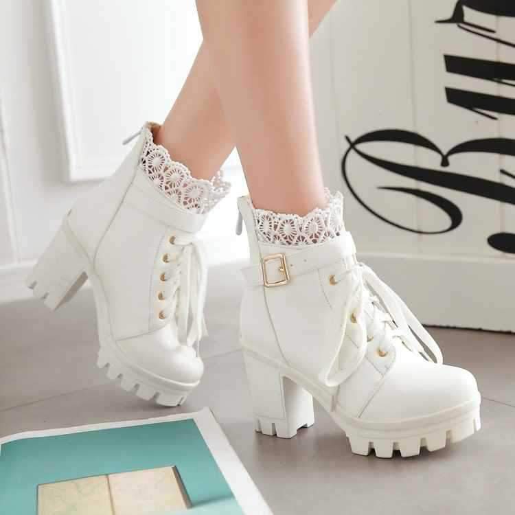 Women Punk Laces Chunky Heel Lace Up Boots