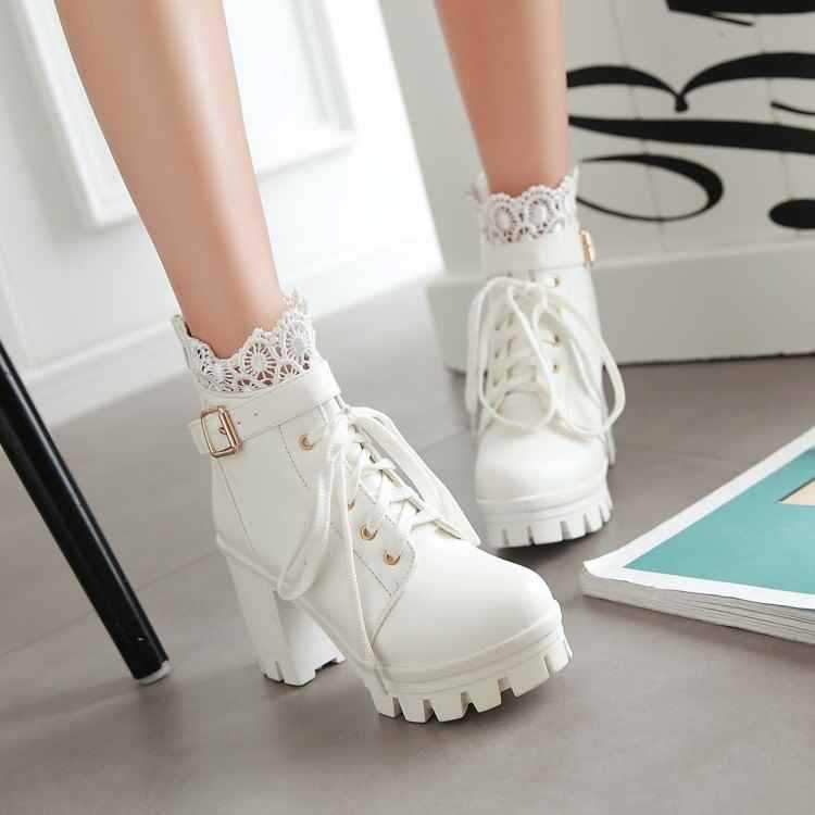 Women Punk Laces Chunky Heel Lace Up Boots