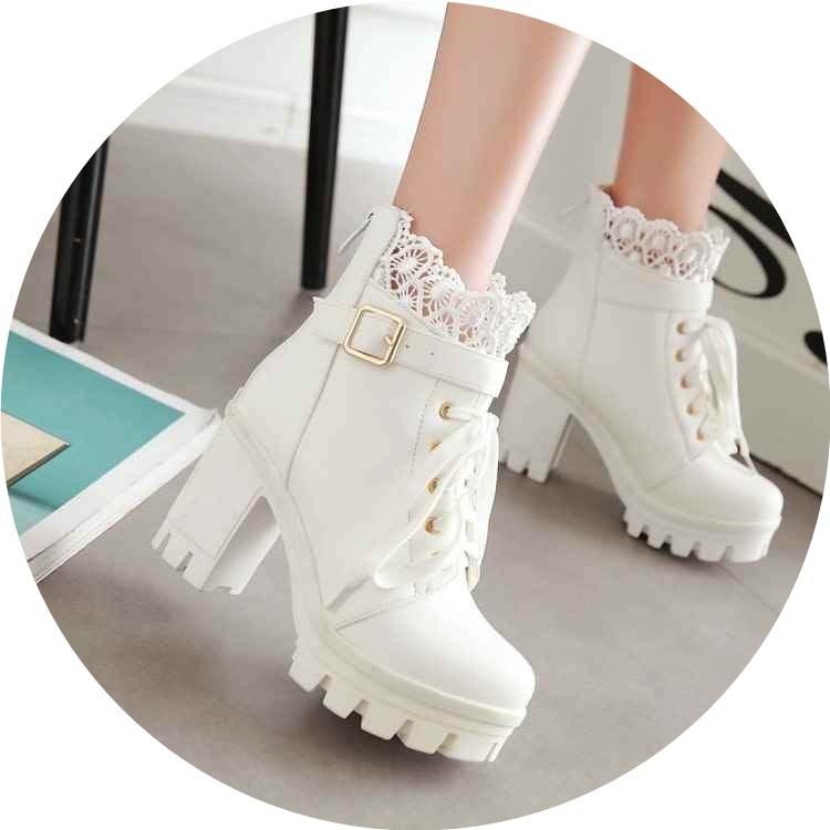 Women Punk Laces Chunky Heel Lace Up Boots