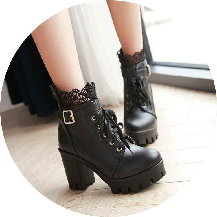 Women Punk Laces Chunky Heel Lace Up Boots