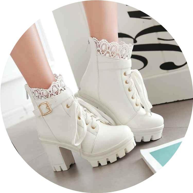 Women Punk Laces Chunky Heel Lace Up Boots