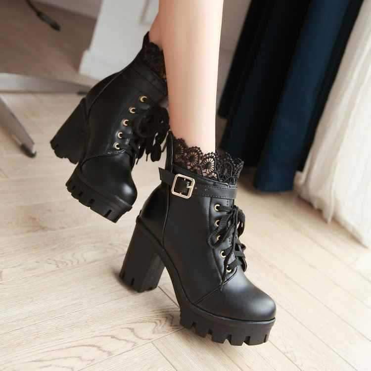 Women Punk Laces Chunky Heel Lace Up Boots