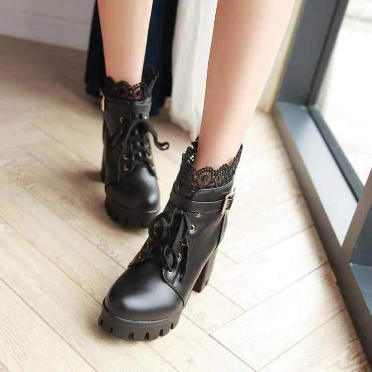 Women Punk Laces Chunky Heel Lace Up Boots