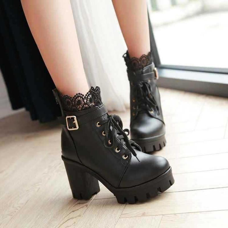 Women Punk Laces Chunky Heel Lace Up Boots