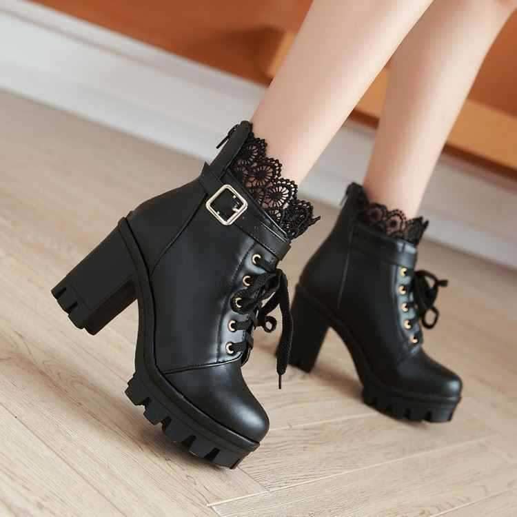 Women Punk Laces Chunky Heel Lace Up Boots