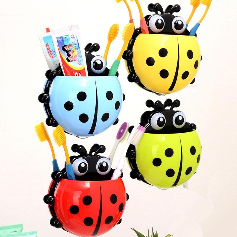 4 Color Toothbrush Cup Holder Storage Rack for Home Bathroom Organizer Ladybug Toothbrush Holder Strong Suction Cup Creative Cartoon PVC Wall Mount