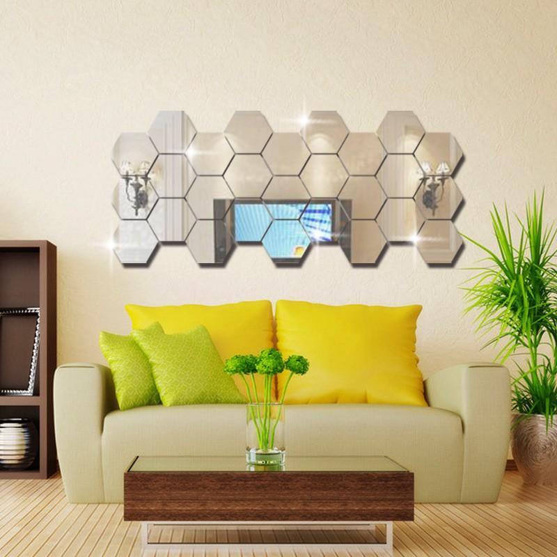 Honana DX-Y5 12Pcs Cute Silver DIY Sexangle Mirror Wall Stickers Home Wall Bedroom Office Decor