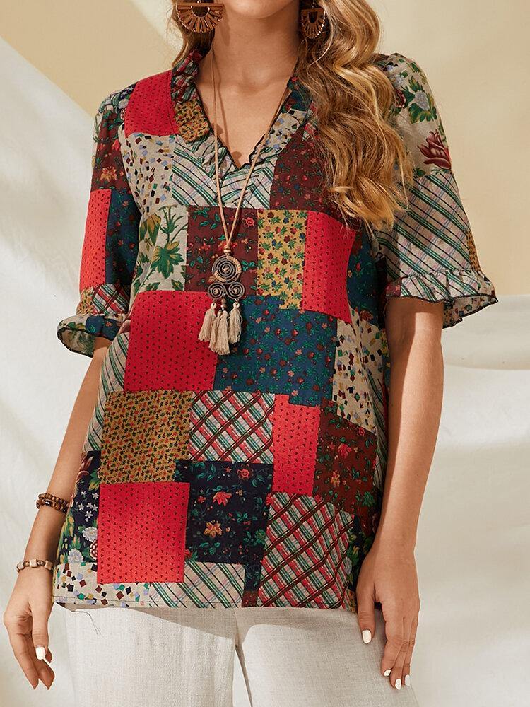 Lässige Bluse aus 100 % Baumwolle mit Patchwork-Aufdruck für Damen 