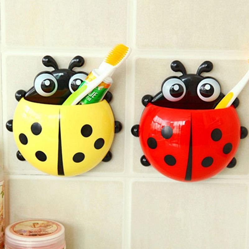 4 Color Toothbrush Cup Holder Storage Rack for Home Bathroom Organizer Ladybug Toothbrush Holder Strong Suction Cup Creative Cartoon PVC Wall Mount