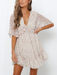 V-neck chiffon short sleeve printed dress