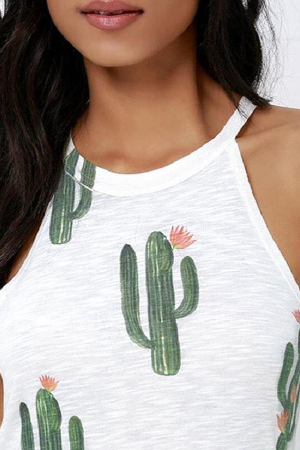 Crew Neck Cactus Print Tank Top