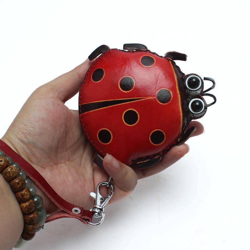 Women Genuine Leather Ladybug Pattem Mini Coins Bag Card Holder Coin Purse