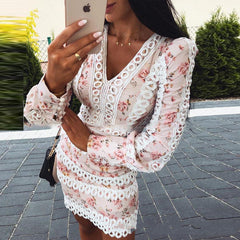 Lady style lace printed temperament slim dress