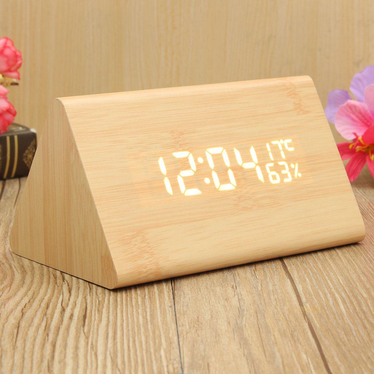 USB Voice Control Wooden Wooden Triangle Temperature LED Digital Alarm Clock Humidity Thermometer