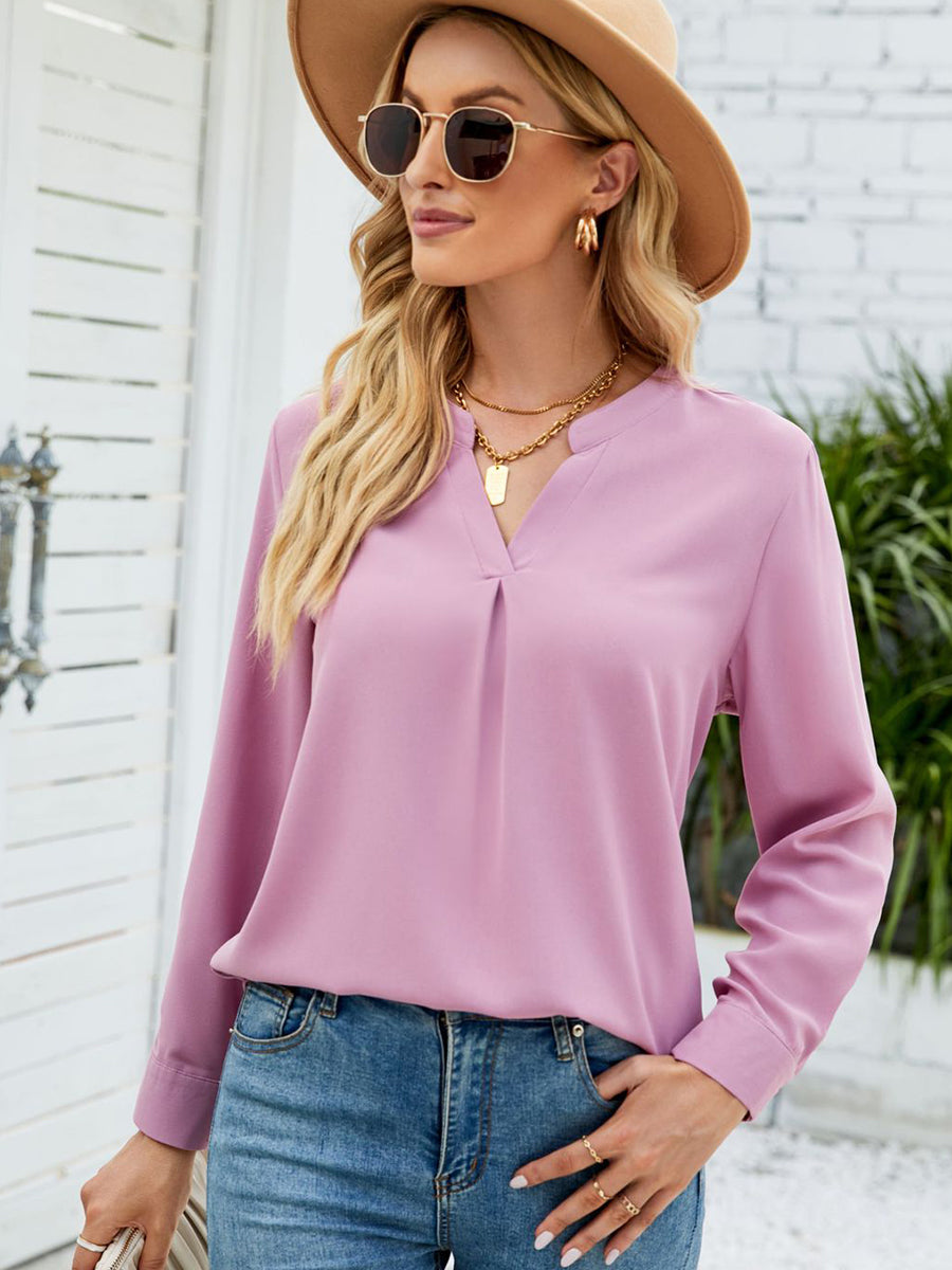 Women’s T-Shirts Solid Color Chiffon Loose V-Neck Long Sleeve T-Shirt