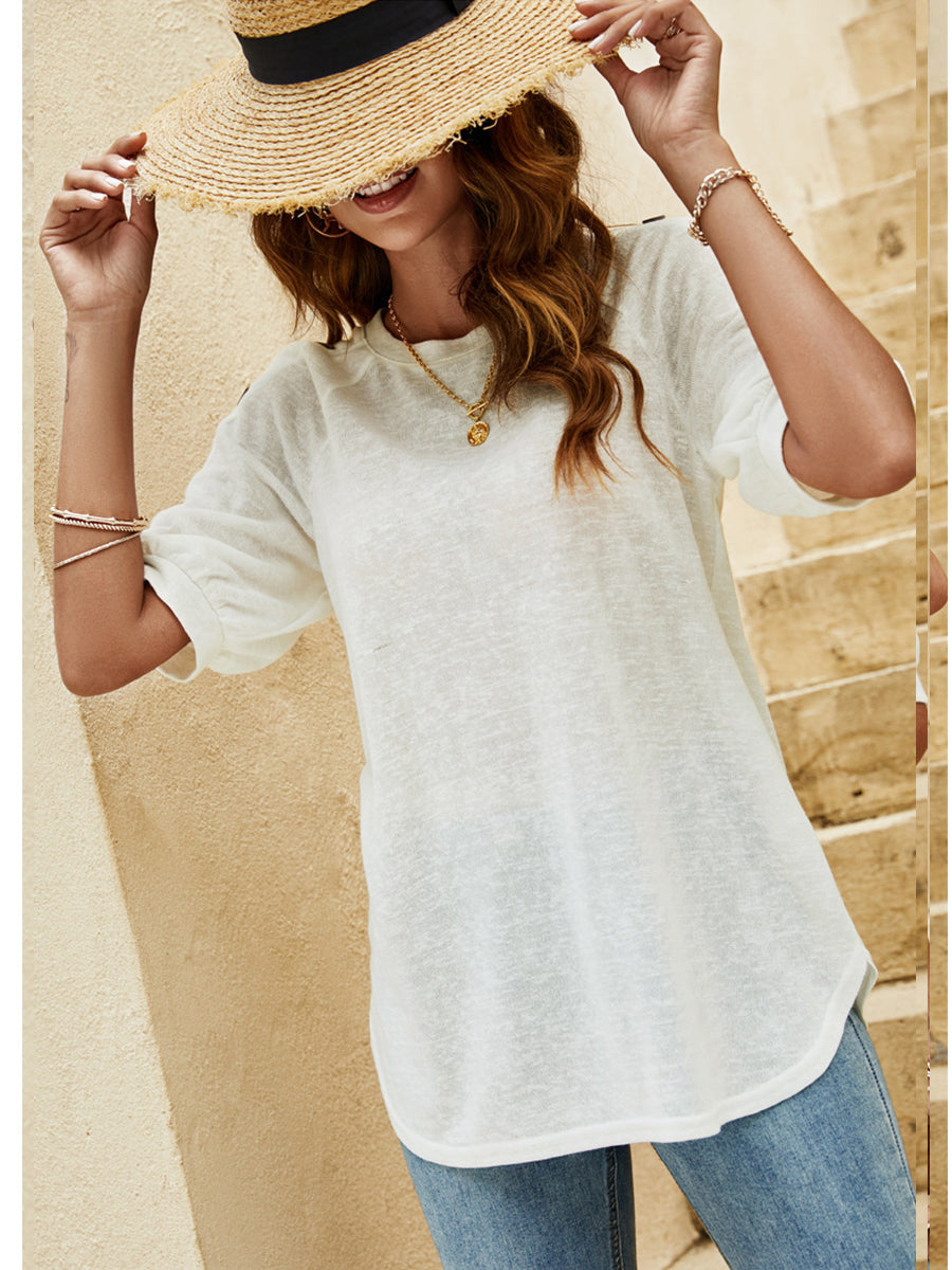 Women's T-Shirts Loose Round Neck Button Casual Half-Sleeve T-Shirt