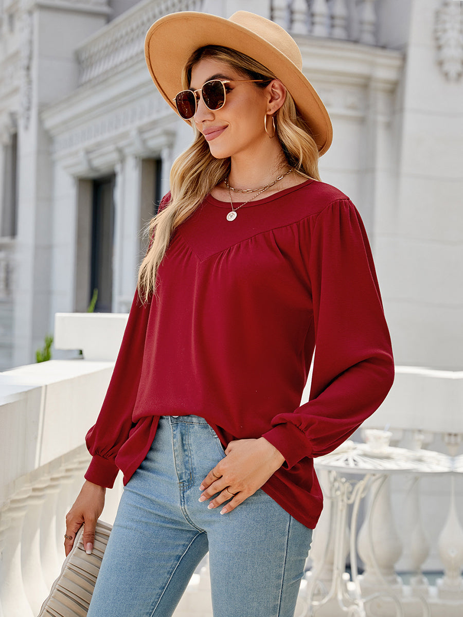 Women’s T-Shirts Lantern Sleeve Round Neck Long Sleeve Casual T-Shirt