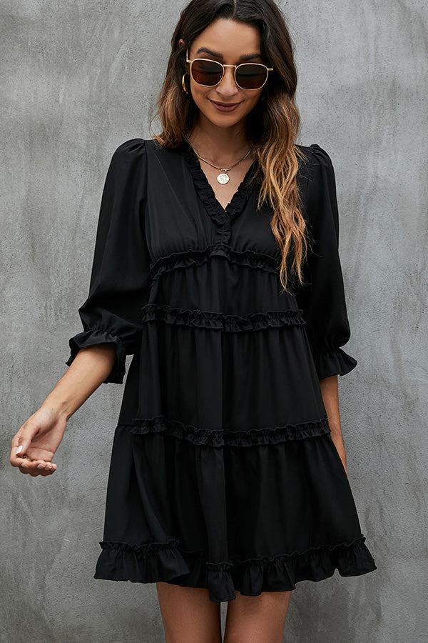 Black and Ruffled V Neck Mini Dress