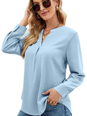 Women’s T-Shirts Solid Color Chiffon Loose V-Neck Long Sleeve T-Shirt