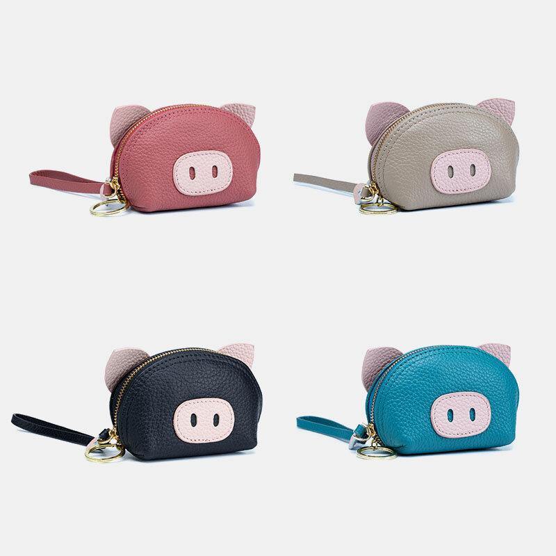 Women Genuine Leather Casual Cute Animal Pig Pattern Mini Hand Carry Coin Bag Storage Bag