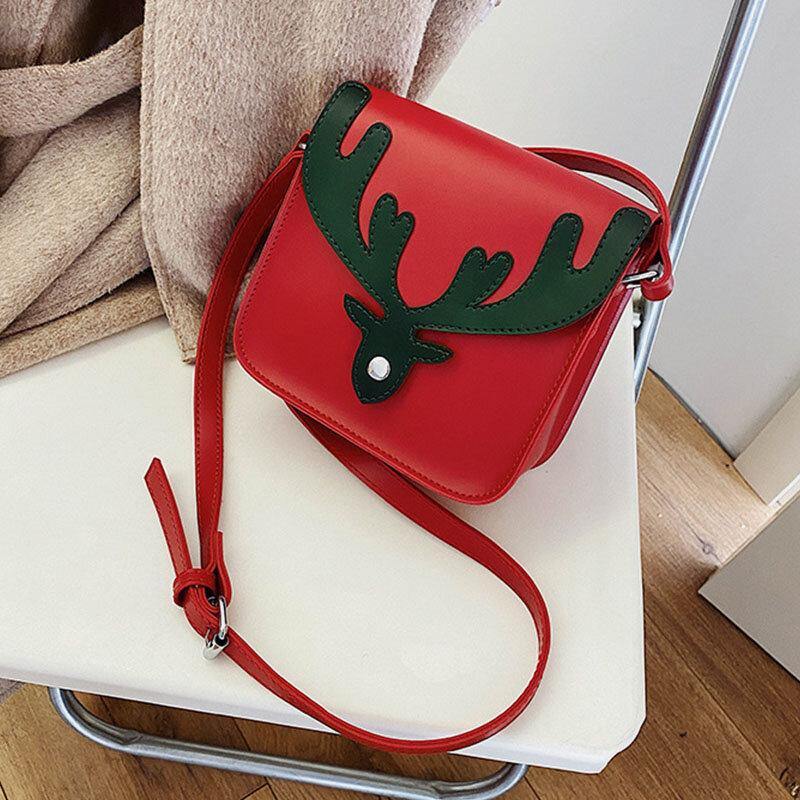 Bolso cuadrado pequeño con diseño de alces de Navidad en color de contraste de piel sintética para mujer, bolso cruzado, bolso de hombro 