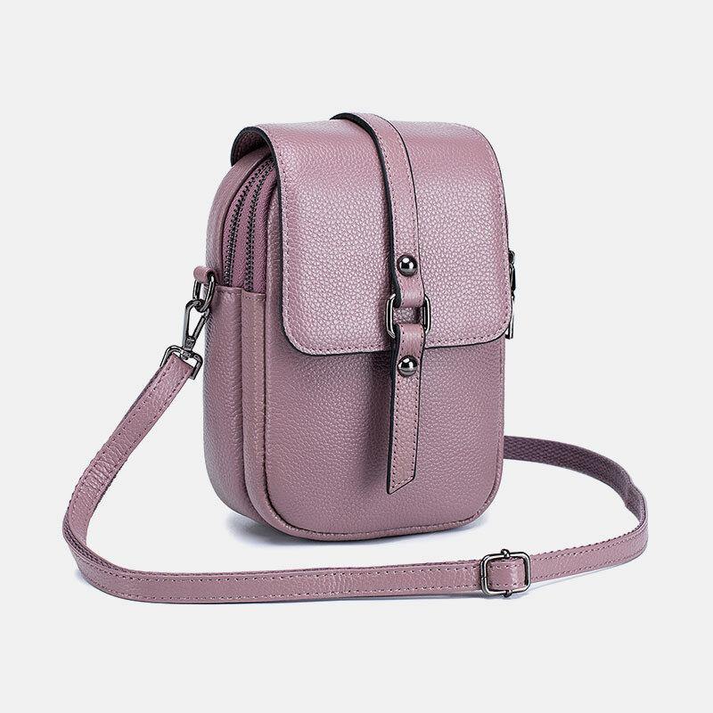 Bolso bandolera para teléfono de 6,5 pulgadas con orificio para auriculares de múltiples capas Retro informal de cuero genuino para mujer 