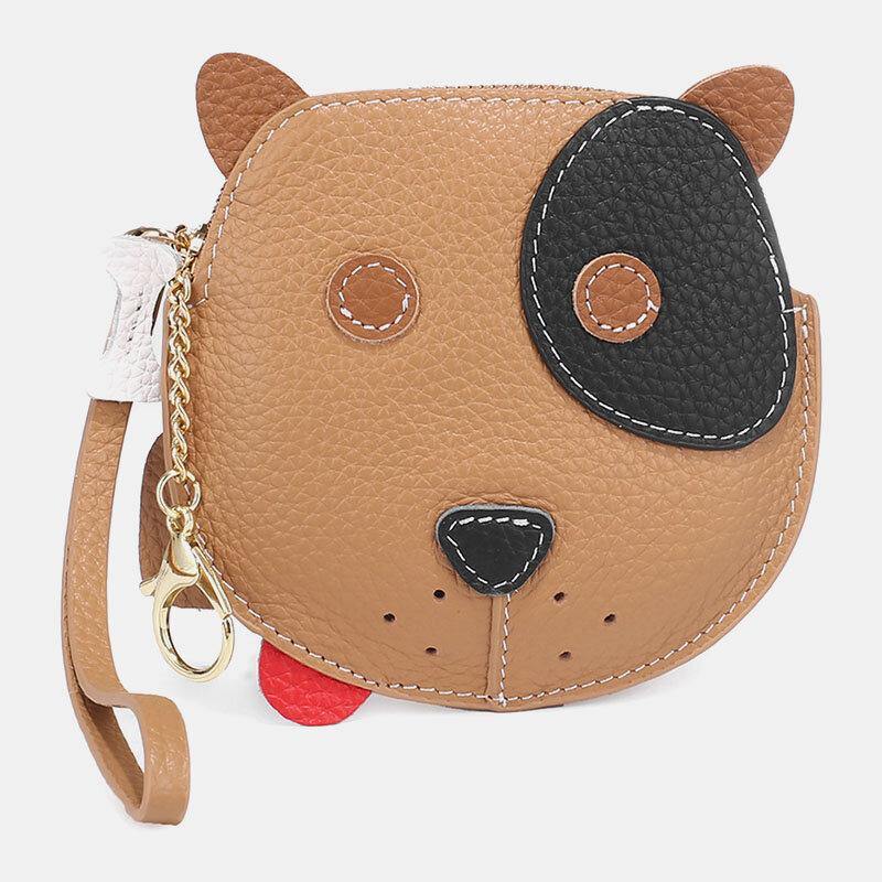 Women Genuine Leather Cowhide Cute Cartoon Dog Pattern Small Storage Bag Coin Bag