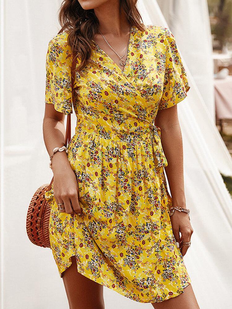 Cross Wrap Floral Print Bandage Short Sleeve Dress