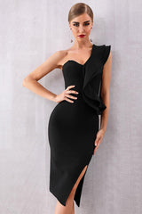 One Shoulder Side Slit Evening Dress