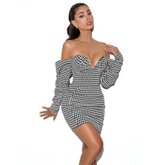 Houndstooth Word Shoulder Wrap Dress Dress Tight-Fitting High Waist Bag Hip Dress